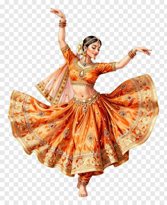 A woman in an orange lehenga dancing Garba with arms raised.