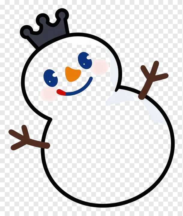 A smiling snowman wearing a black crown.