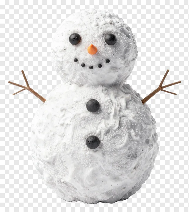 A snowman with textured snow and black buttons.
