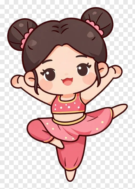 Cartoon dancer wearing pink polka dot attire performing a garba move.