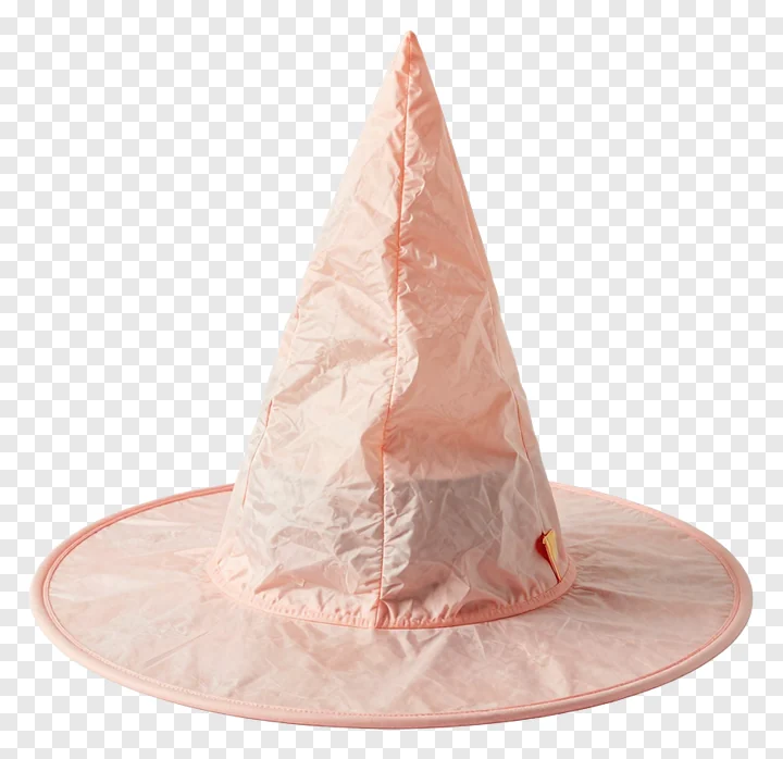 A pink witch hat with a crinkled texture.