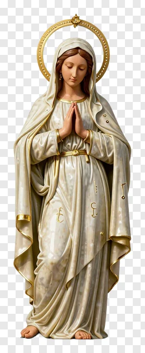 A religious figure in prayer with a golden halo.