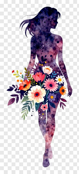A woman's silhouette holding a colorful flower bouquet, rendered in purple watercolor.