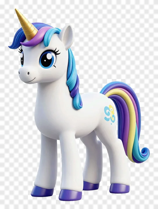 A white unicorn foal with a rainbow mane and tail.