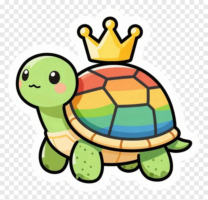 A cartoon turtle wearing a crown and having a rainbow-colored shell.