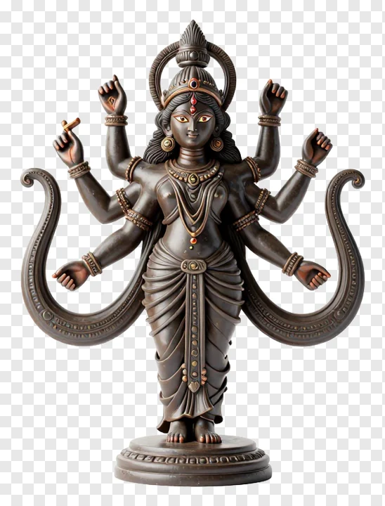 Bronze sculpture of Goddess Durga with eight arms shaped like serpents.