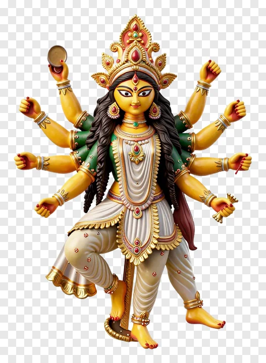 Statue of Goddess Durga with eight arms wearing gold ornaments.
