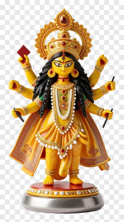 Golden eight-armed Durga statue with raised hands.