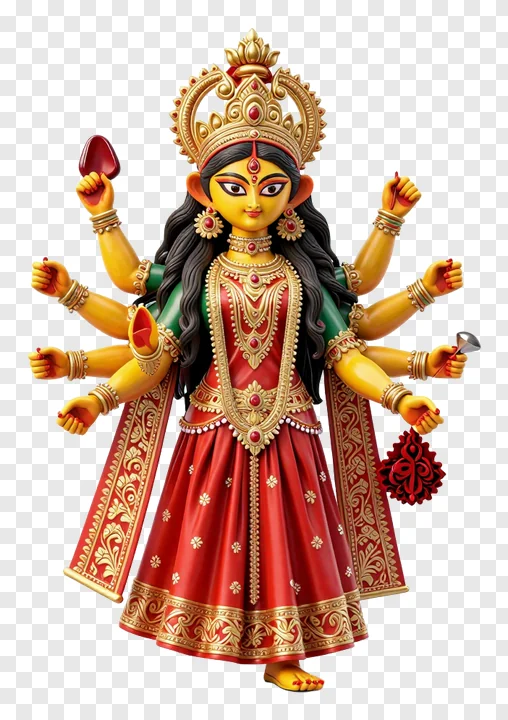 Eight-armed goddess Durga in red attire.