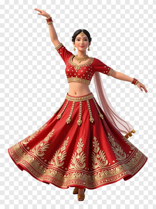 A 3D-rendered woman dancing in a red embroidered lehenga.