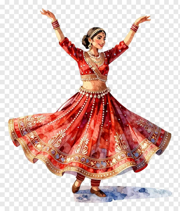 A dancer performing ghoomar in a red skirt and jewelry.