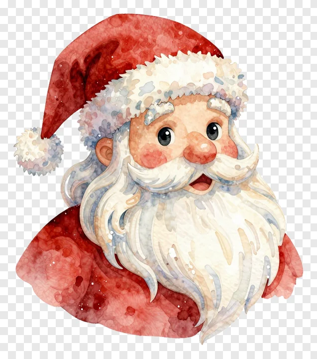 Watercolor illustration of Santa Claus face with red hat and white beard.