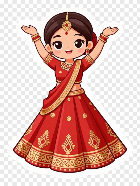 Cartoon girl dancing in red lehenga outfit.