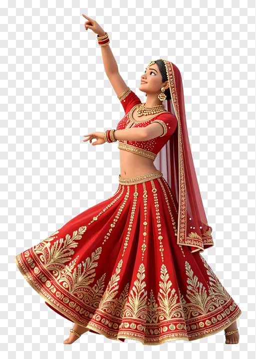 A 3D dancer in a red lehenga pointing upward.