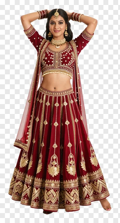 A woman in a red lehenga dancing with hands raised.