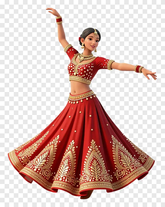 A 3D dancer in a red lehenga with arms outstretched.