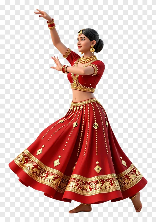 A 3D Garba dancer in red lehenga with one arm raised.