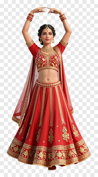 A woman in a red lehenga dancing Garba with arms raised.