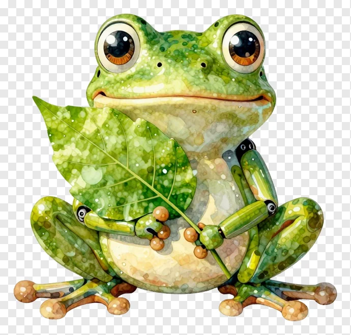A robot frog holding a leaf with big eyes.