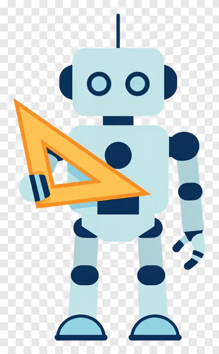 Cartoon robot holding an orange triangle tool.