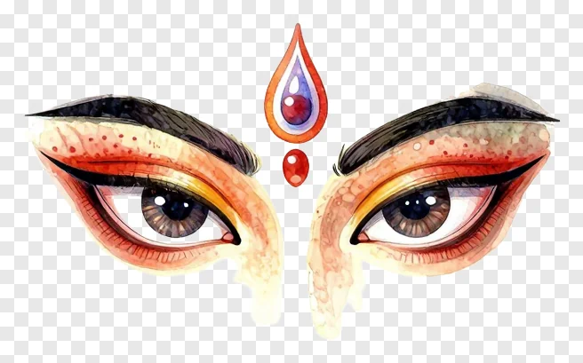 Sacred eyes of Durga with a bindi in watercolor style.