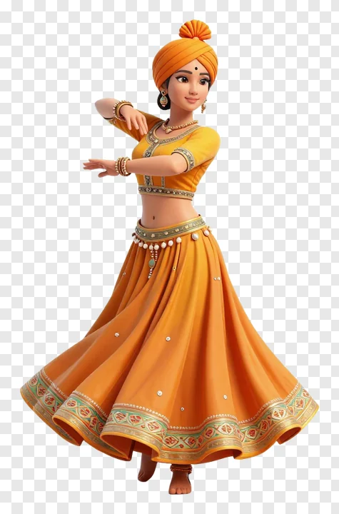 A woman in saffron traditional dance costume posing mid-dance.
