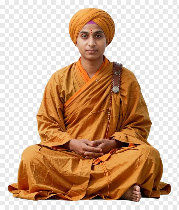 A monk in saffron robes and turban sitting cross-legged.
