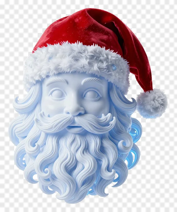 Santa Claus face with a blue glowing beard and red hat.