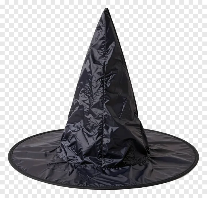A shiny black witch hat with a pointed top and wide brim.