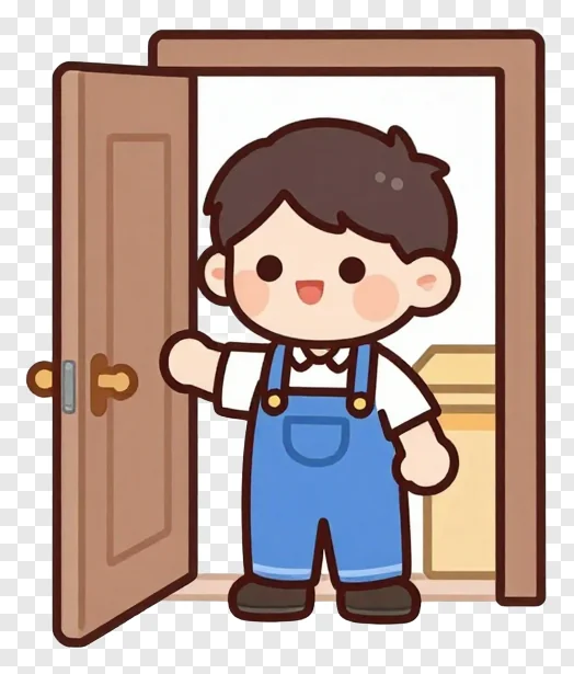 A cartoon boy in overalls opening a door.