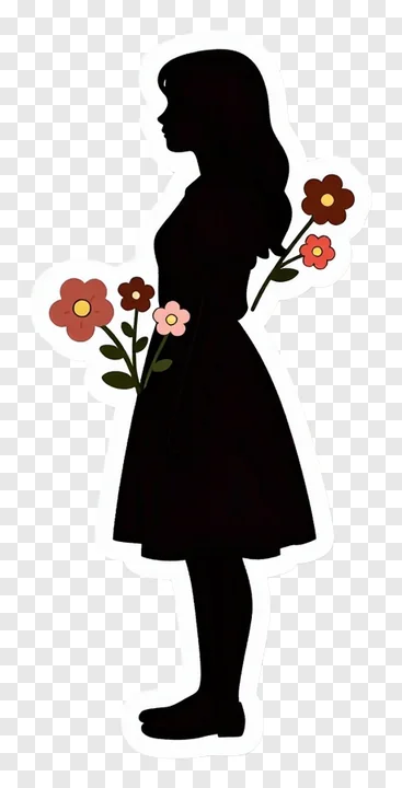 A black silhouette of a woman holding colorful flowers.