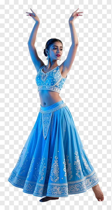A blue lehenga garba dancer with raised arms.