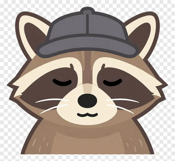 A sleepy raccoon wearing a gray hat.