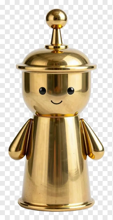 A golden brass angel figurine with a smiling face.