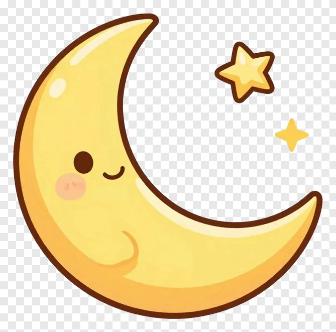 A smiling crescent moon with two stars.