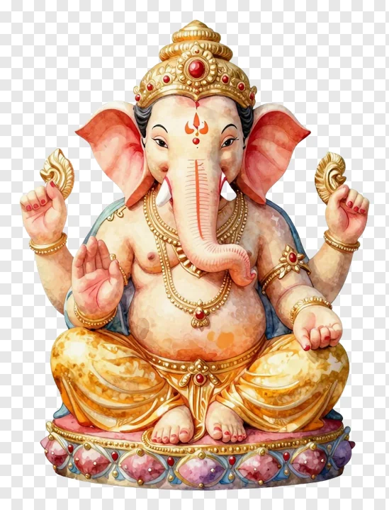 A smiling Ganesha statue with large ears and a decorative crown.