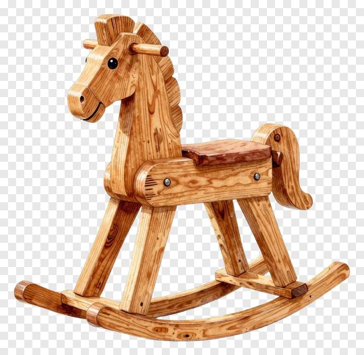 Wooden rocking horse smiling on white background.