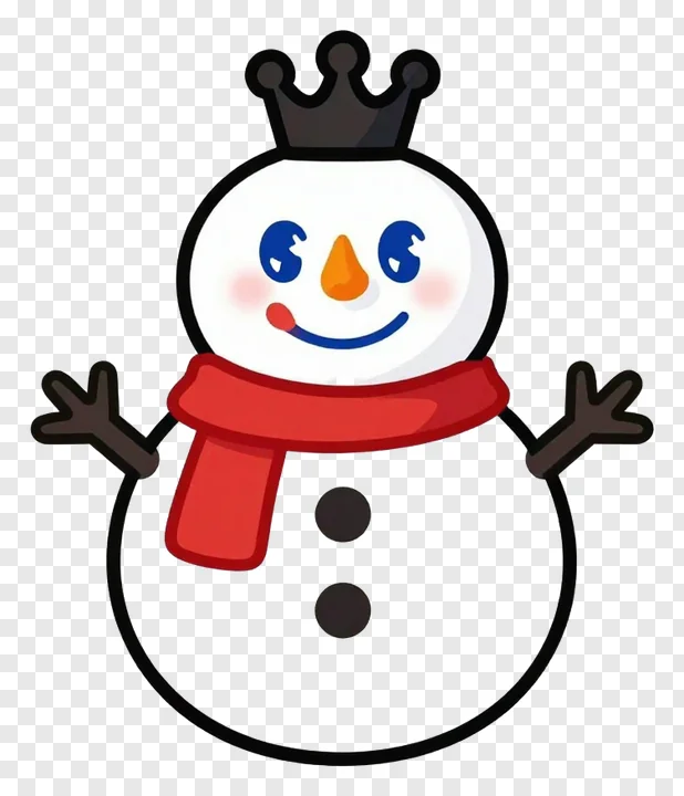 A smiling snowman wearing a black crown and red scarf.