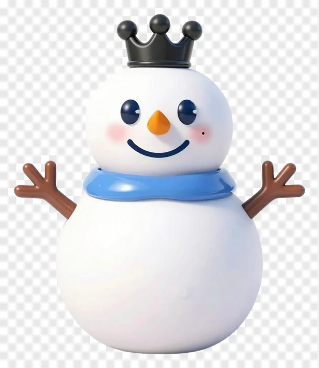 A snowman wearing a black crown and blue scarf.