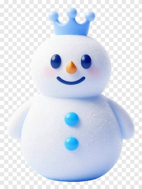A smiling snowman wearing a blue crown and blue buttons.