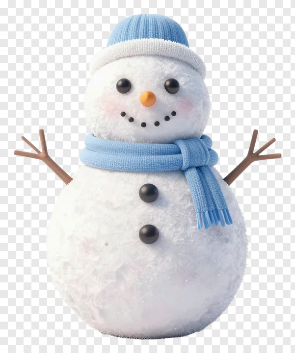 A snowman wearing a blue knit hat and scarf.