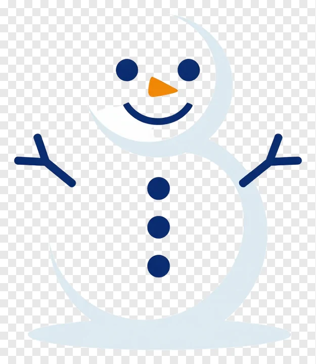A snowman with an orange nose and blue buttons.
