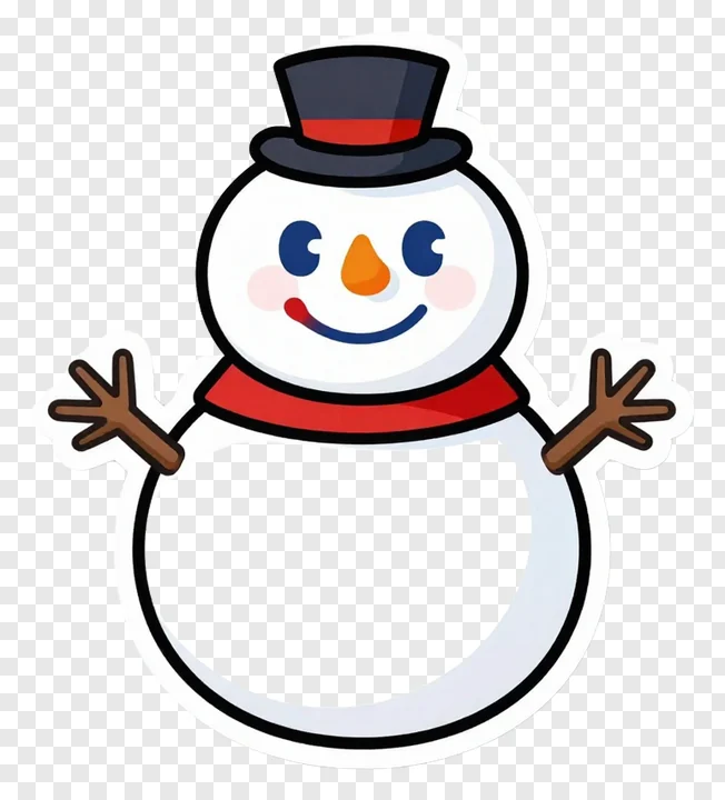 A smiling snowman with a top hat and scarf.