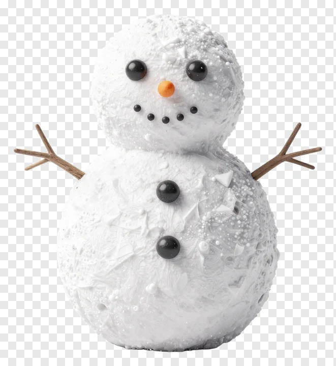 A snowman with textured snow and branch arms.
