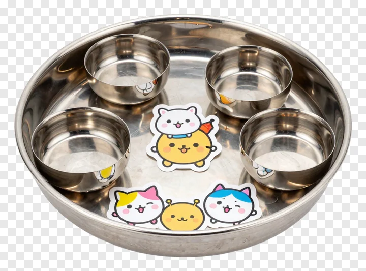 A stainless steel thali with four bowls and cartoon cat stickers.