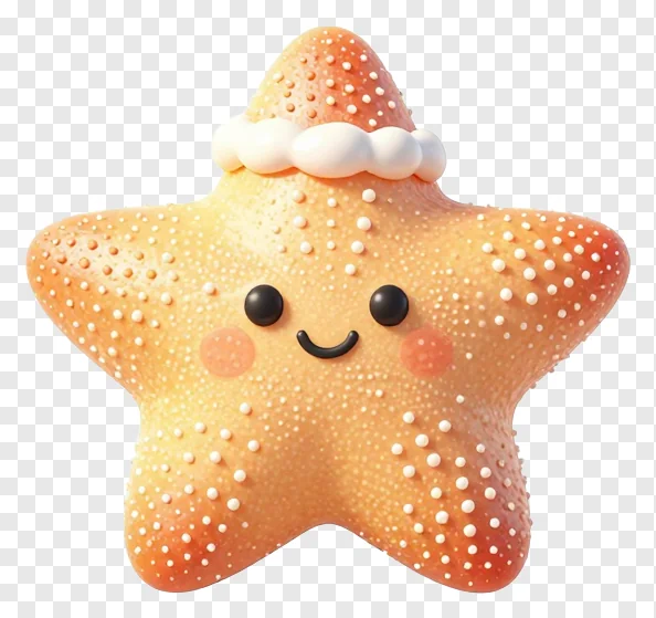 A smiling orange starfish wearing a tiny white hat.