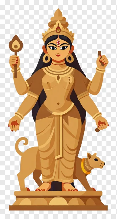Statue of the goddess Durga with four arms and a dog at her feet.
