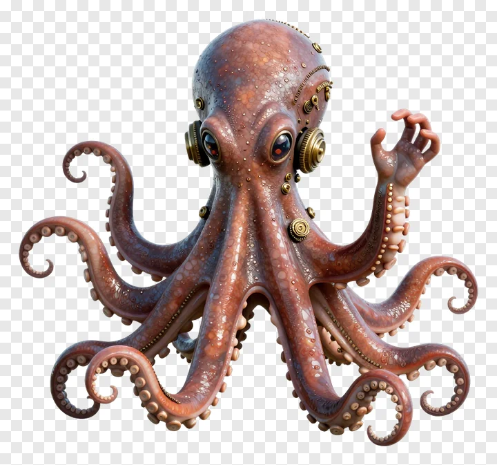 A steampunk octopus waving with one tentacle.