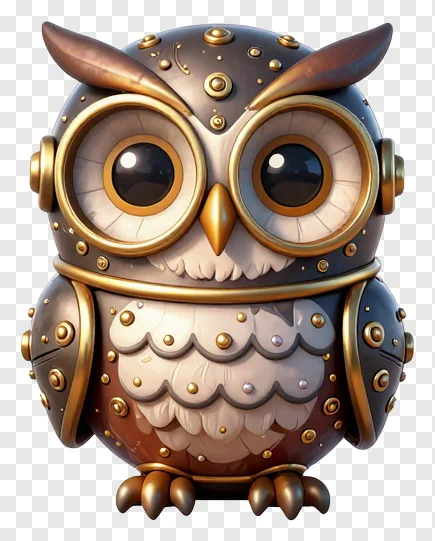 Steampunk-style owl statue with goggles and metallic embellishments.