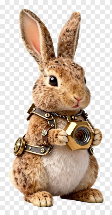 A steampunk rabbit holding a brass nut.